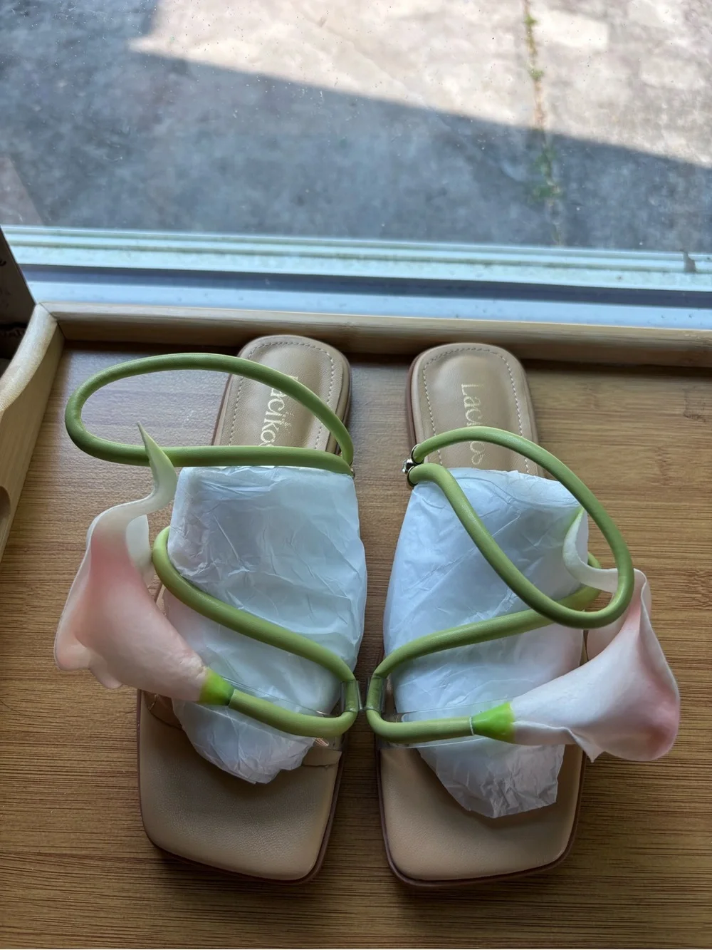 Calla Flower Slide Sandals in Green and Peach